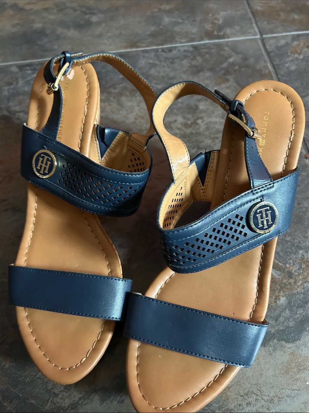Tommy Hilfiger Navy & Tan Leather Slingback Sandals
